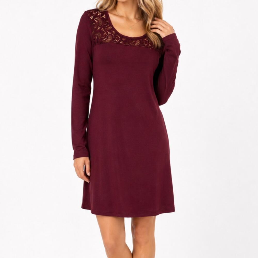 NWT 41 Hawthorn Lace Yoke Long Sleeve Dress Burgundy Red Size XL